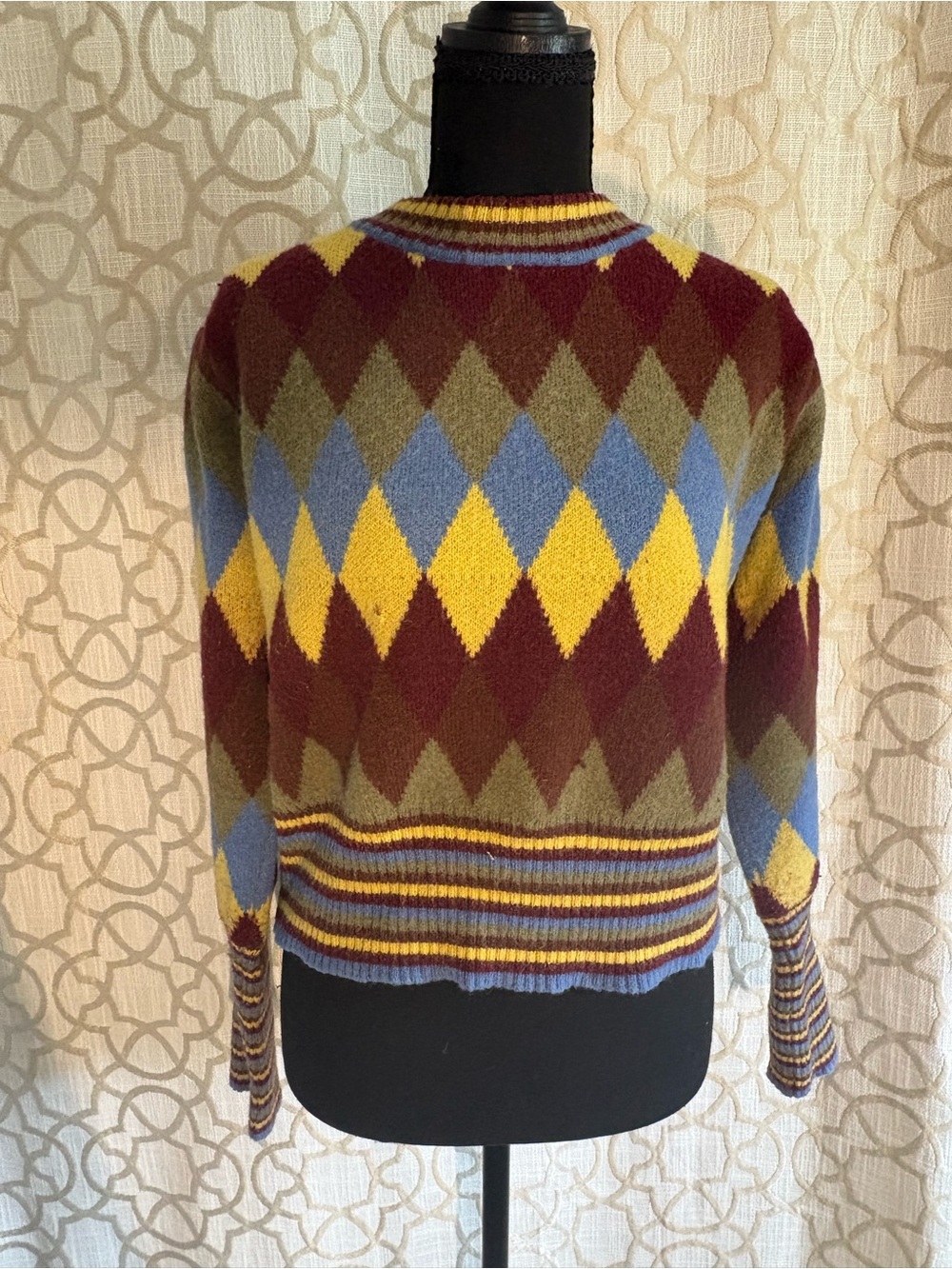 Cider Argyle Crewneck Sweater in Burgundy, Blue, Mustard, Olive
